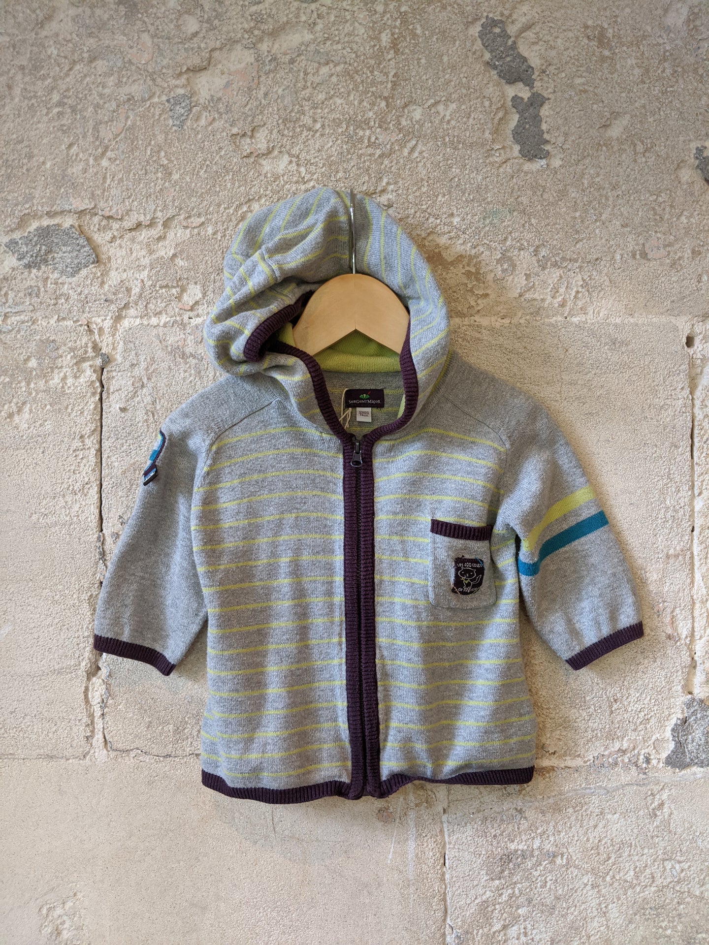 FREE Sergent Major Hooded Cotton Cardigan with Lime Stripes - 12 Months