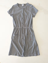 Load image into Gallery viewer, Navy &amp; White short sleeved Petit Bateau Girls dress with button details on a white background Sale 2nd Hand Preloved age 12 Years
