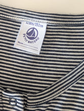 Load image into Gallery viewer, Close-up of a Petit Bateua striped fabric dress, age 12 years 15scm.
