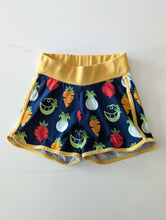 Load image into Gallery viewer, Maxomorra Veggie Vegetable Carrot Pea Raddish Onion Print Kids Preloved Shorts Navy Yellow Mustard

