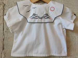 French Antique Sailing Boat White Tunic 6 Months