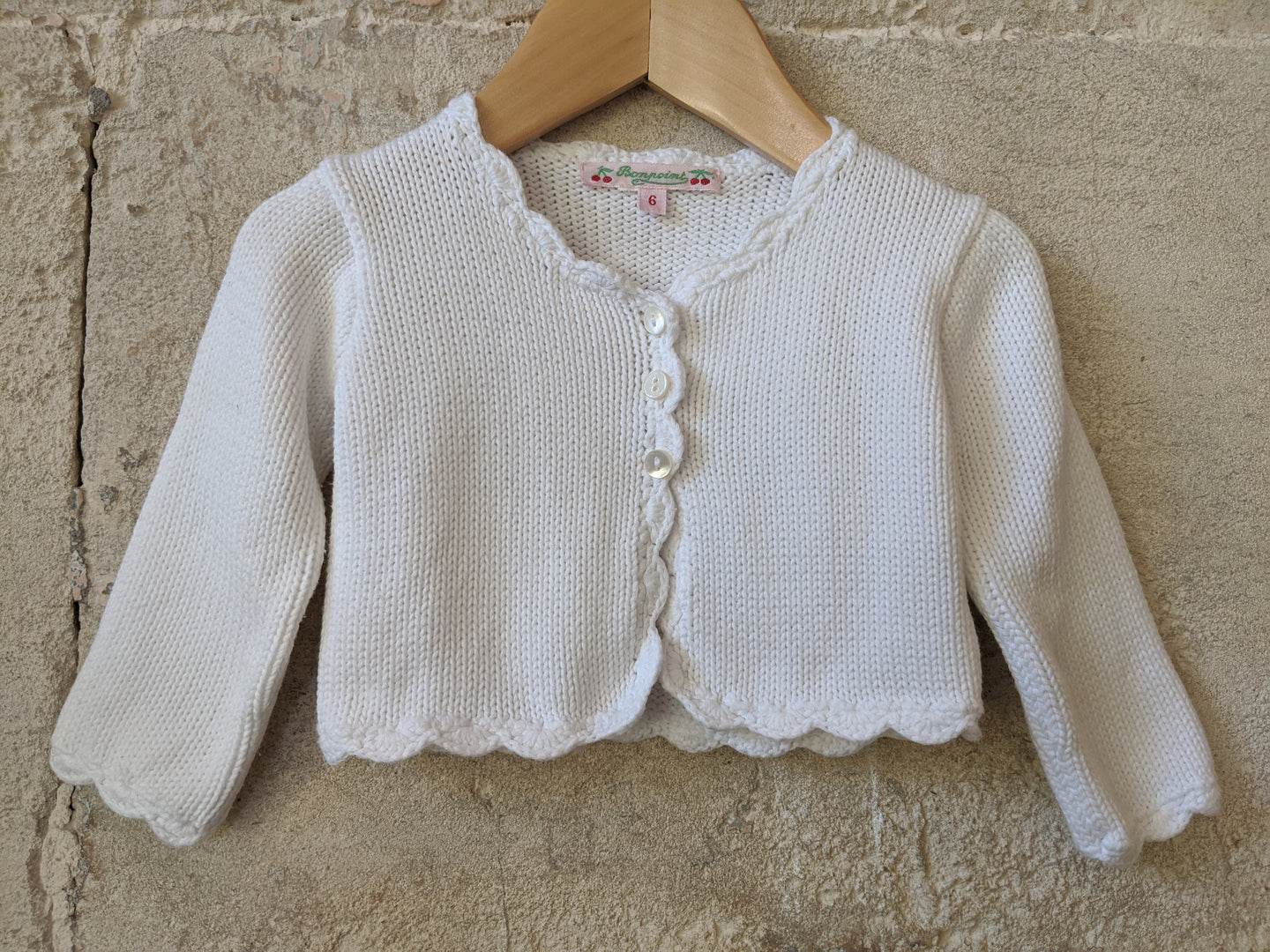 Bonpoint White Cotton Knit Cardigan - 6 Months