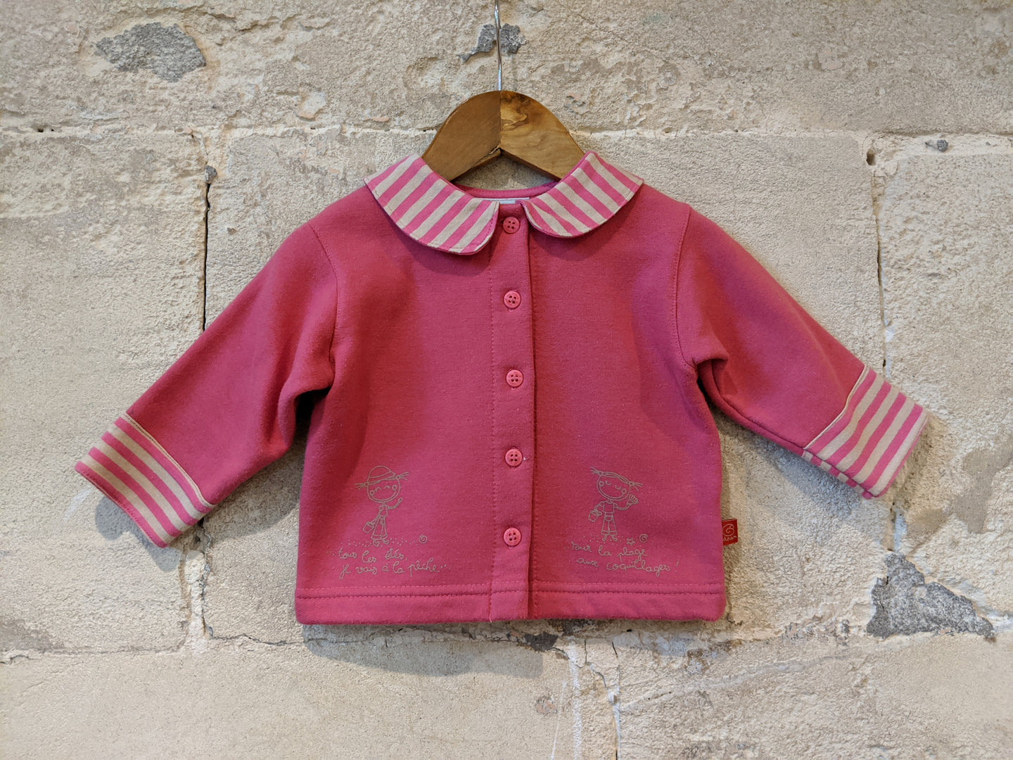 Fleecy Soft Pink Jacket with Candy Striped Nautical Collar - 12 Months
