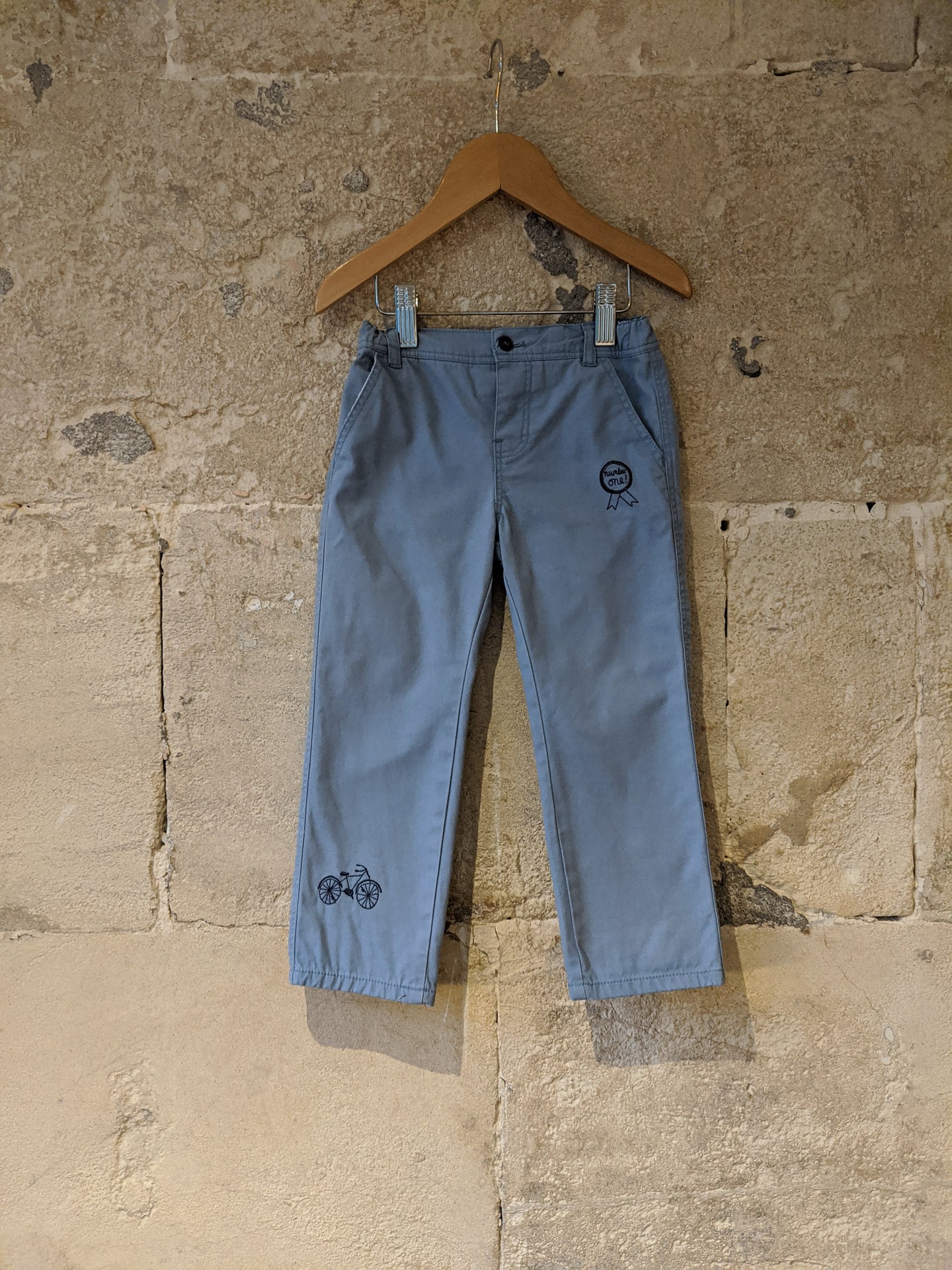 Lovely French Dusky Blue Trousers with Bicycle Motif - 3 Years