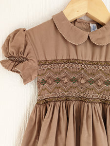 Amazing Warm Brown 1960s Handmade Smocked Dress - 18 Months